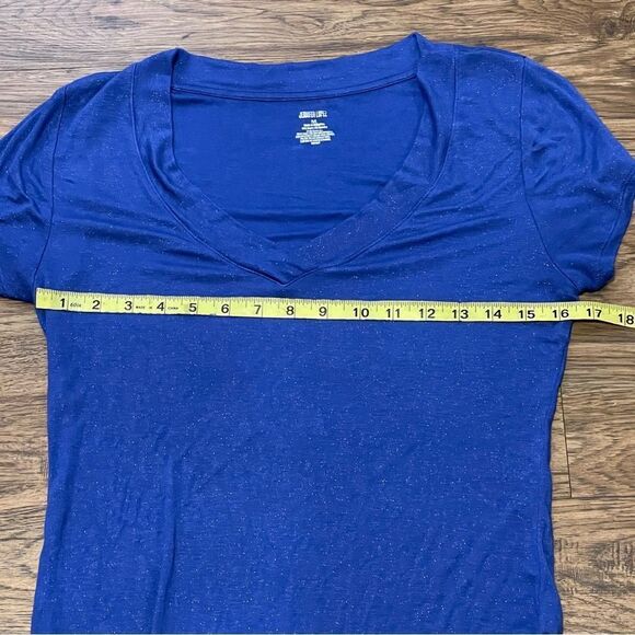 Jennifer Lopez Shimmery Short Sleeve Plunge V-neck Blouse Blue Size Medium - Picture 11 of 12